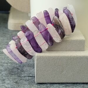 Chevron Amethyst Rose Quartz Stretch Statement Bracelet Banded Purple Pink
